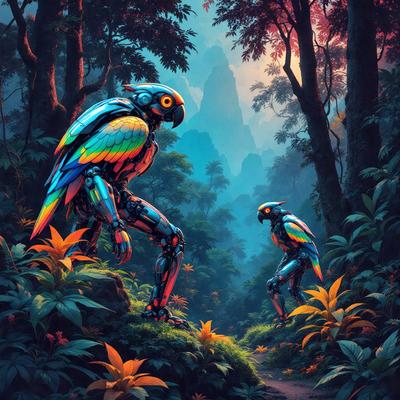 The primary subject of the image is a colorful bird, possibly a parrot, standing in a lush green forest. The bird is surrounded by a variety of plants, including flowers and trees. The setting is a serene, natural environment with a blue sky visible in the background. The visual style of the image is a digital art or illustration, showcasing the vibrant colors and intricate details of the bird and its surroundings. The overall atmosphere of the image is one of beauty and tranquility, with the